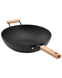 Oster Northcliffe 13.5 Inch Round Carbon Steel Flat Base Wok with Wooden Handles